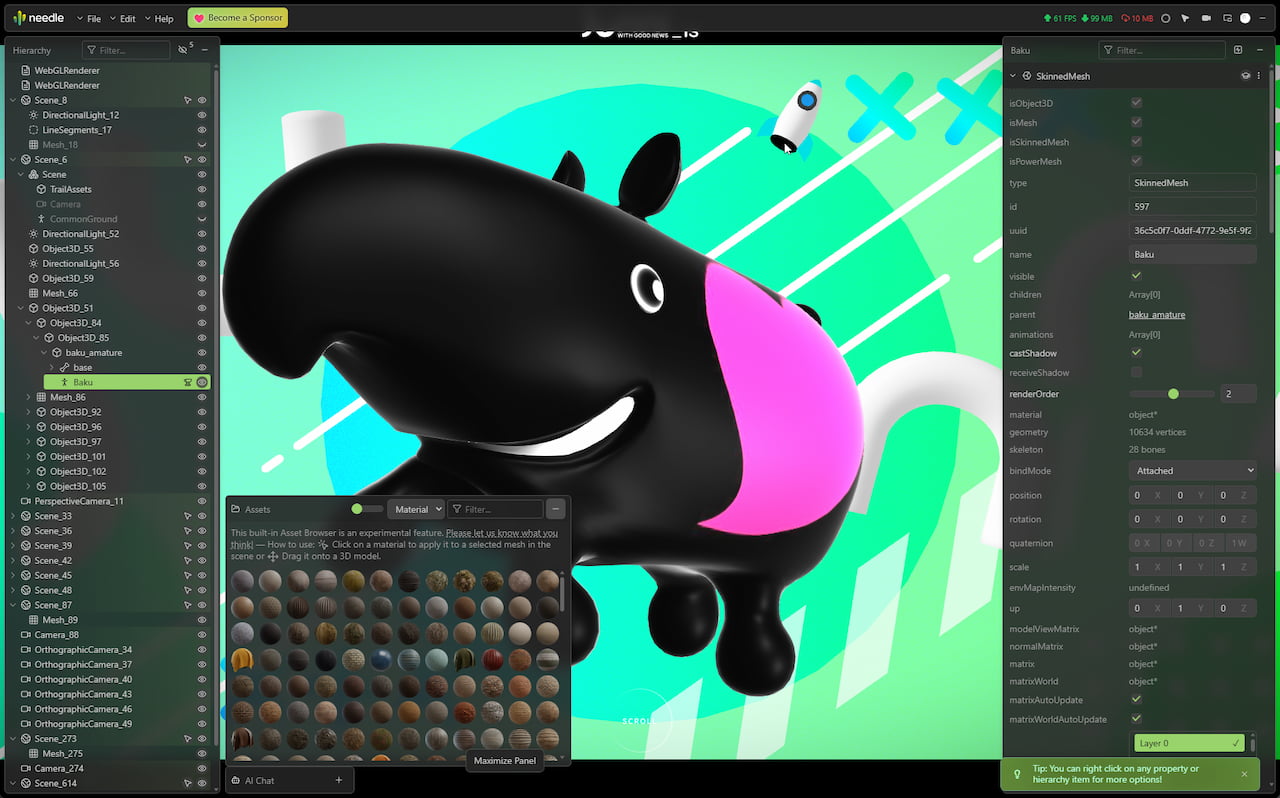 Needle Inspector Interface showing Three.js scene hierarchy and property editor